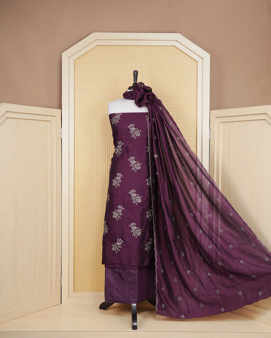 Violet colour Organza Salwar Material Featuring Gold Thread Mirorr Work on body, paired with matching Bottom & Elegant Dupatta.