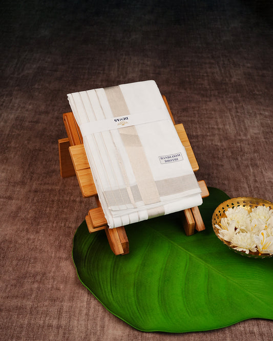 Off White Coloured  Handloom Cotton Double Dhoti Finished with Light Gold Kara