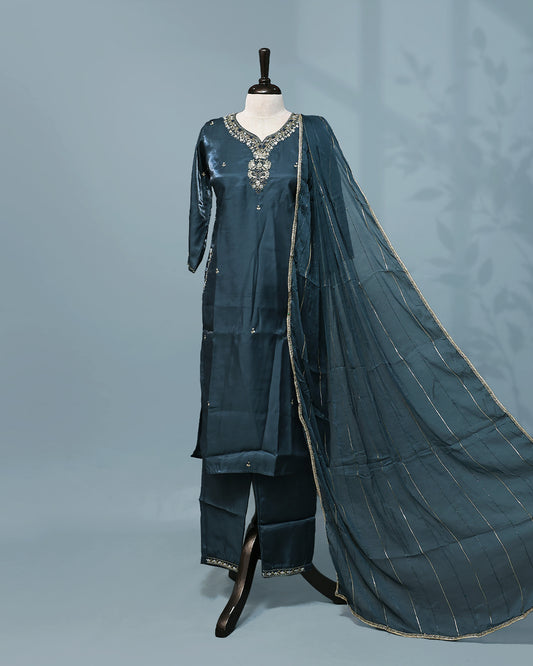 Teal colour salwar set with Stone work on top, paired with matching bottom & Dupatta.