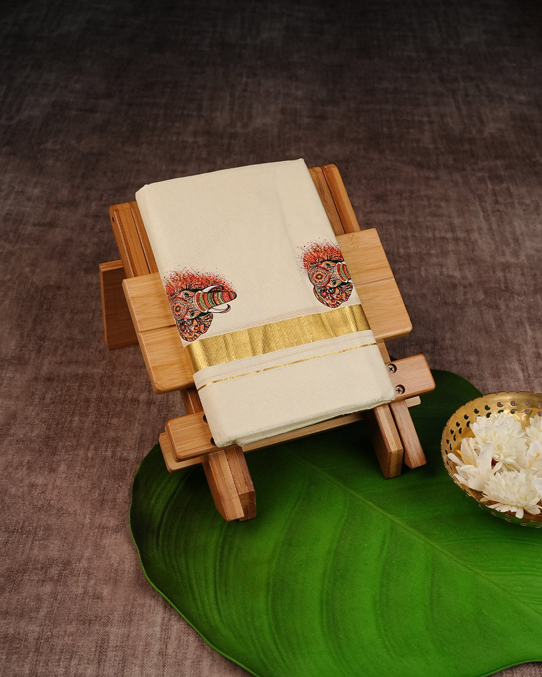 Cream Coloured Cotton Double Dhoti Finished with Elephant Prints & Gold Kara