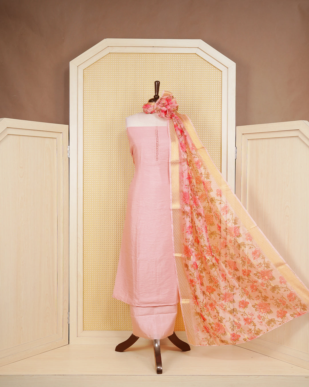 Peach Colour Organza Salwar Material Featuring Plain on body, Paired With Matching Bottom & Elegant Dupatta