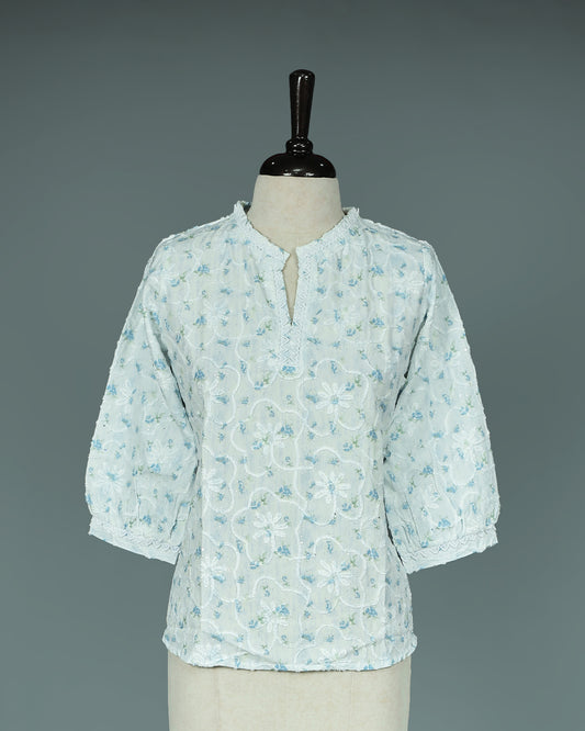 Light Blue colour Thread work on body, Round with Slit neck design, With sleeve.
