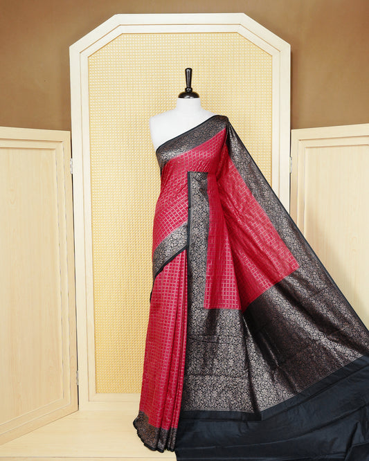 Red Colour Semi georgette Saree having zari dotted check pattern on body, contrast Black colour floral kodi designed Border, Rich Pallu comes with Matching Blouse piece.