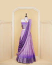 Lilac & royal purple colour Linen Silk Semi stitched dhavani set featuring buttas, zari bordered skirt & blouse piece and dupatta.
