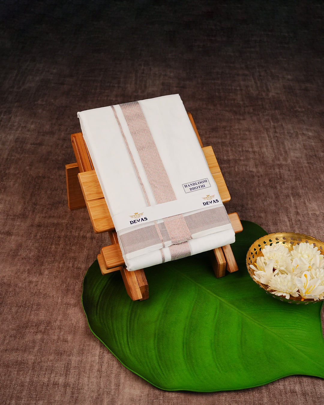 Off White Colour  Handloom Cotton Double Dhoti Finished With A Copper & Rose Gold Striped kara.