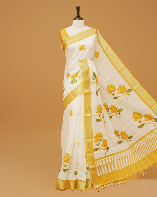 Off white colour semi linen saree