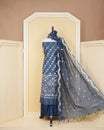 Navy Blue colour salwar material featuring gold zari motif pattern without border, paired with matching bottom and elegant dupatta.