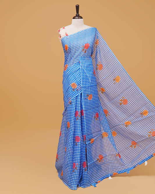 Blue & white colour semi linen saree
