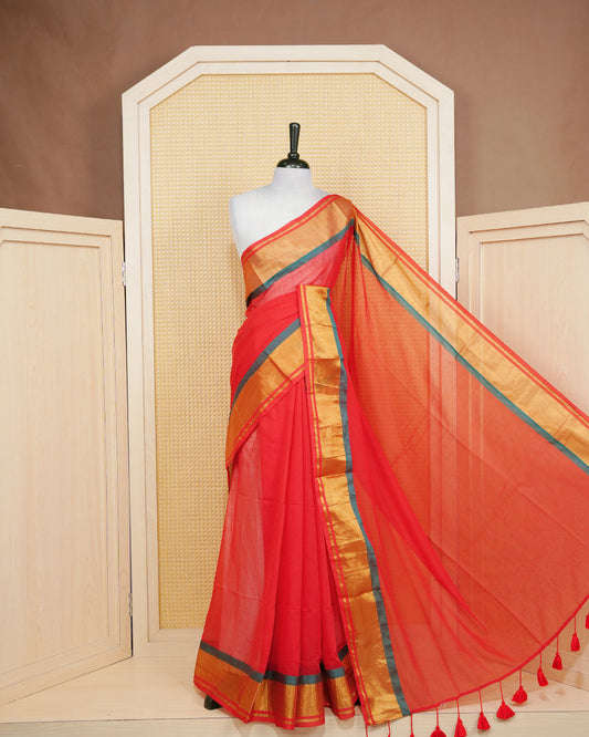 Red colour mul cotton Saree