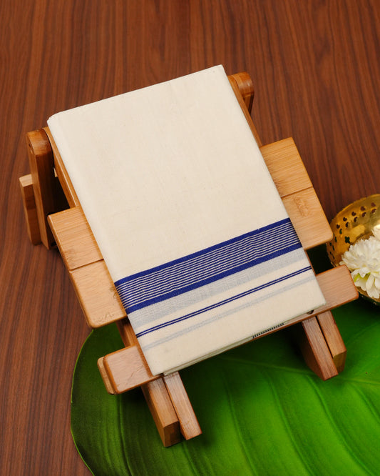 Cream colour cotton Single dhoti featuring Blue & silver border.