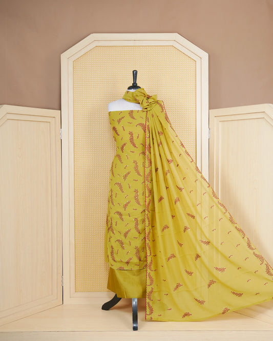 Lanzones colour Salwar material Featuring Thread and Mirorr Work on body, paired with matching bottom and Elagent dupatta.