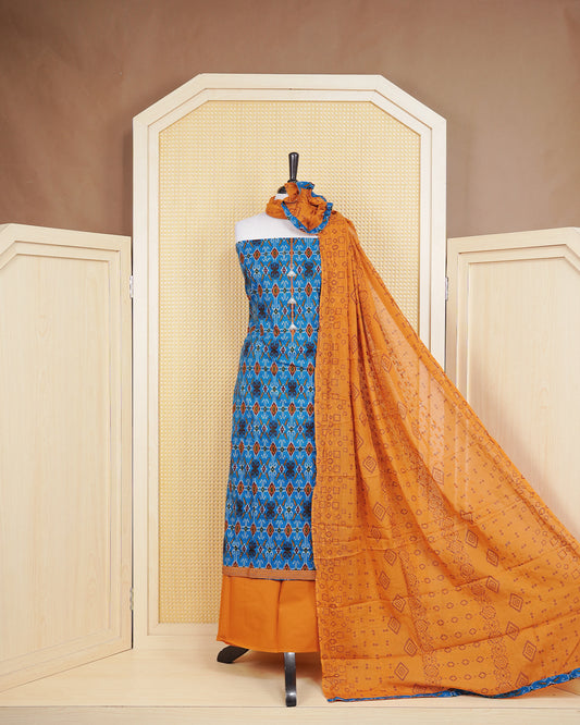 Blue Colour Cotton Salwar Material Featuring Print Pattern on body, Paired With Matching Bottom & Elegant Dupatta