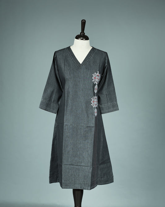 Black Denim Colour Kurti featuring Thread Work On body , a V neckline, With sleeve.