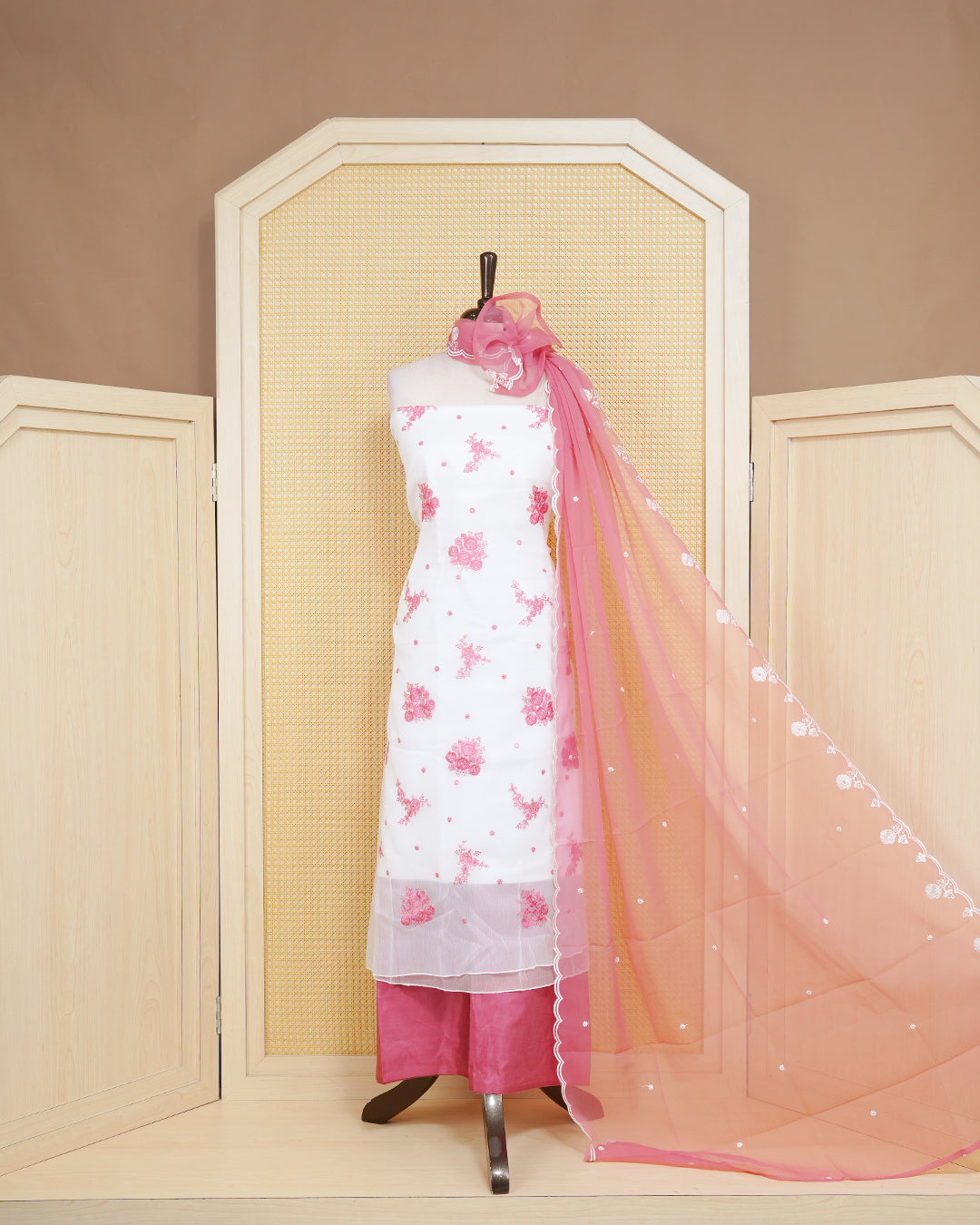 White Colour Organza Salwar Material Featuring Pink Thread Work with sequins on body, Paired With Matching Bottom & Elegant Dupatta