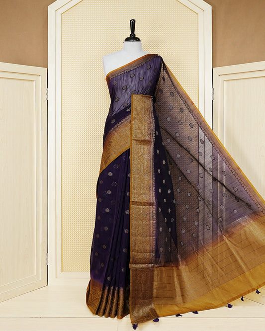 Dark purple colour semi linen saree thread motifs on body, contrast light gold colour gold zari border, rich pallu comes with matching blouse piece