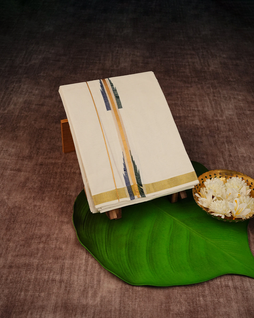 Cream Coloured Cotton Double Dhoti Finished with Temple Prints & Minimal Gold Kara