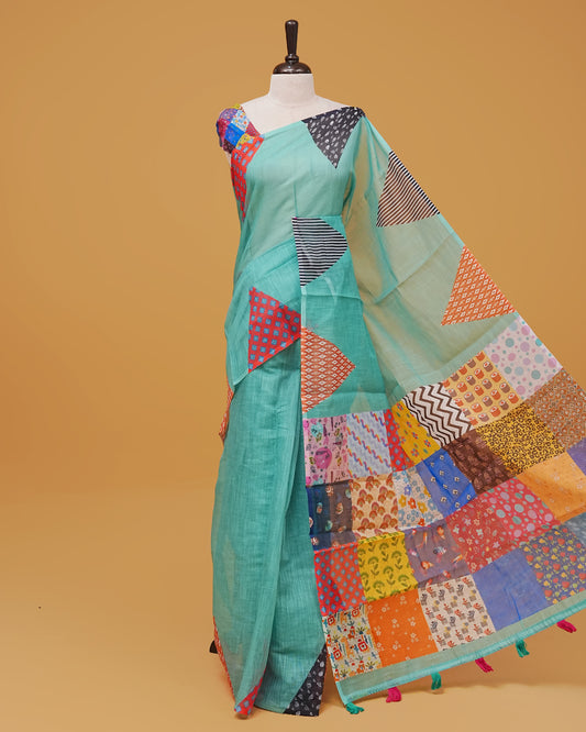 Sea green colour Linen Cotton Saree