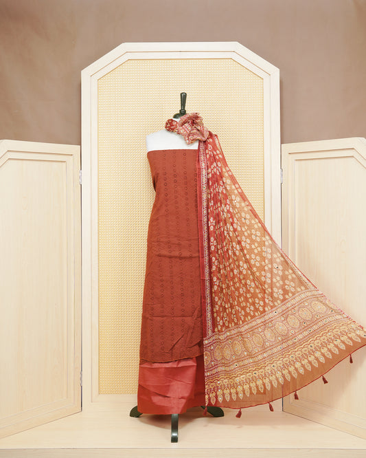 Brown Colour Crush Organza Salwar Material Featuring Tread Work on body, Paired With Matching Bottom & Elegant Dupatta