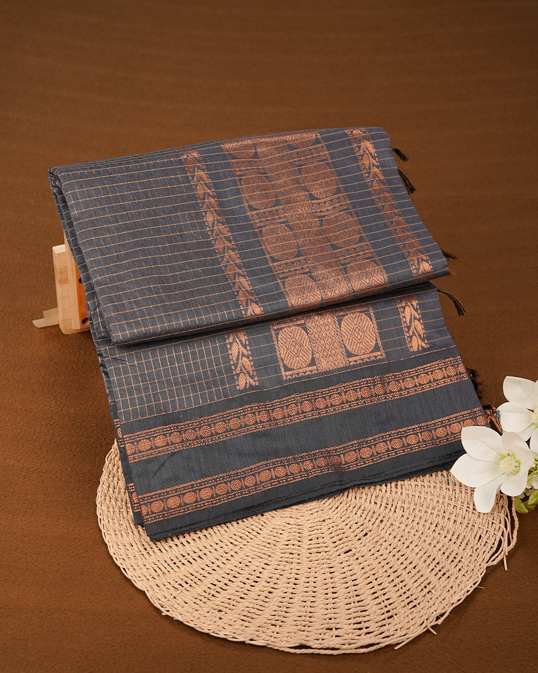 Bluish Grey  colour kalyani cotton saree featuring zari check pattern on body, complemented by Contrast colour with Antique zari border, paired with matching blouse piece