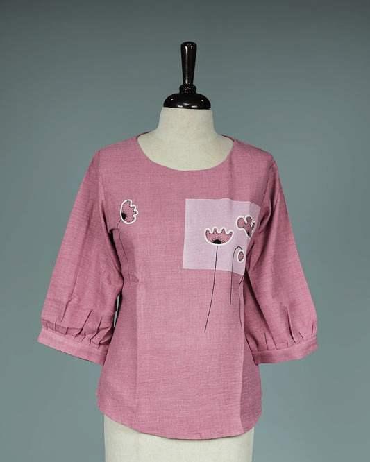 Pink colour Black Print on body, Round Neck design, With sleeve.