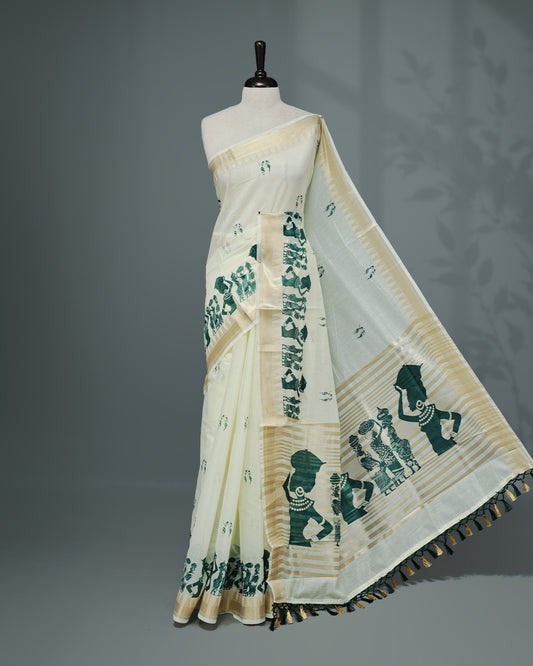 Cream colour Semi chanderi kerala saree featuring Green colour Print on body, complemented by Light Gold zari Border, paired with matching blouse piece.