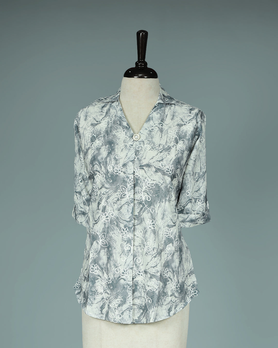 Grey colour Top with Thread work on body, collar design, With sleeve.