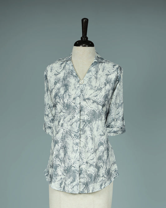 Grey colour Top with Thread work on body, collar design, With sleeve.