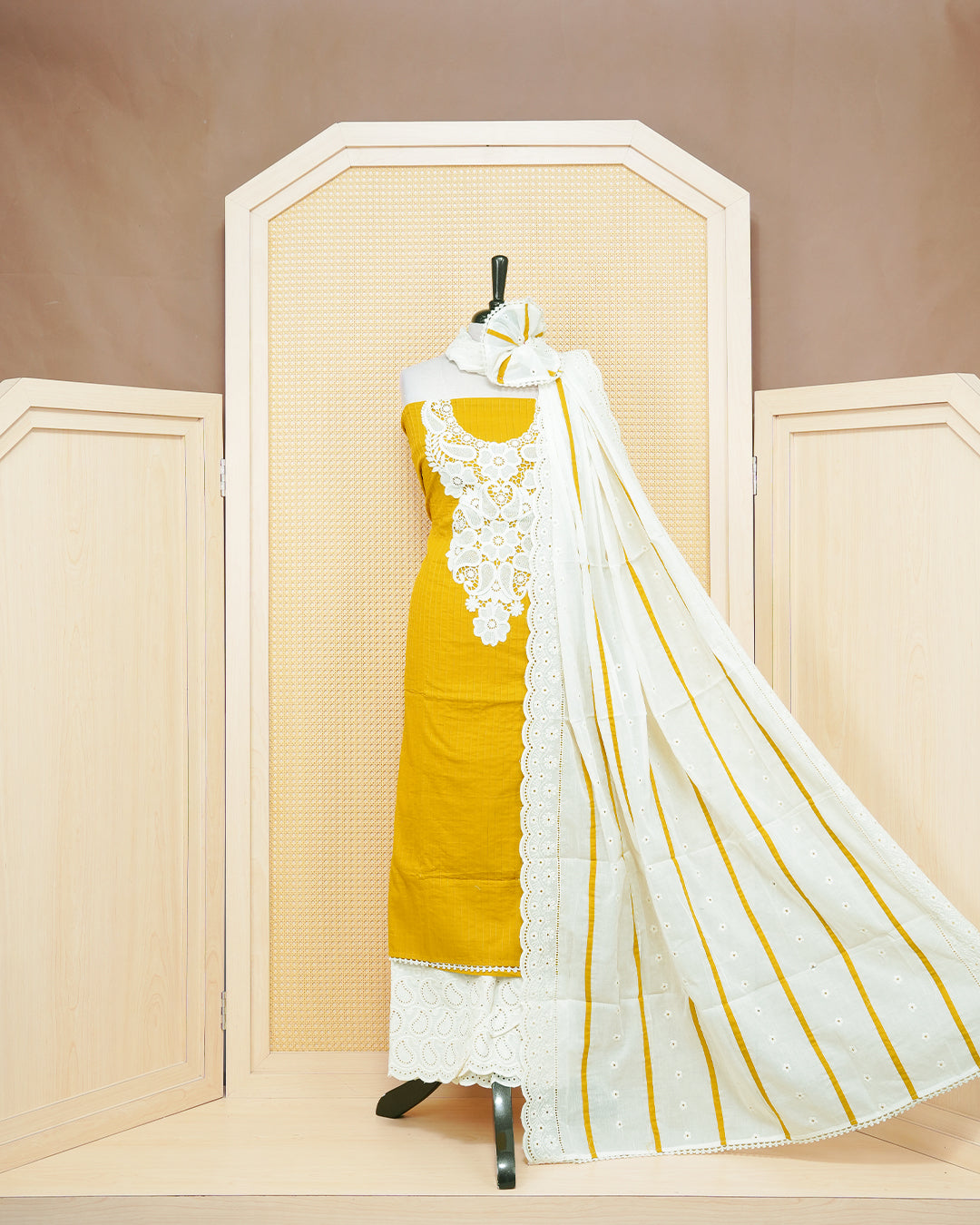 Yellow Colour Organza Salwar Material Featuring Thread Work on body, Paired With Matching Bottom & Elegant Dupatta
