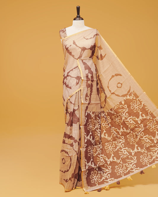 Brown Colour Semi Linen Saree featuring contrast Digital prints, paired with matching printed blouse piece.