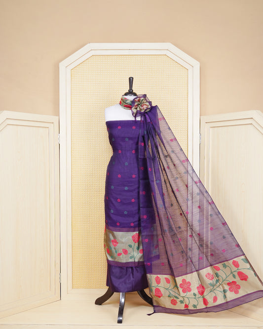 Dark purple Colour Semi Linen suit Material Featuring Floral Thread motifs on Body, Paired with Matching Bottom & Elegant Dupatta