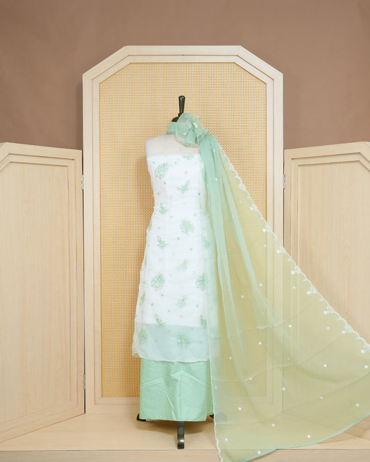 White Colour Organza Salwar Material Featuring Green Thread Work with sequins on body, Paired With Matching Bottom & Elegant Dupatta