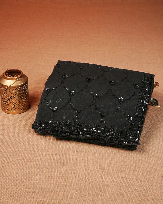 Black colour Net Designer saree featuring Beats & Sequins geometric Pattern on body & worked border, comes with matching blouse piece.