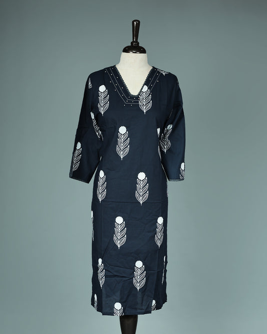 Navy Blue Colour Kurti featuring print Work On body , a V neckline, With sleeve.
