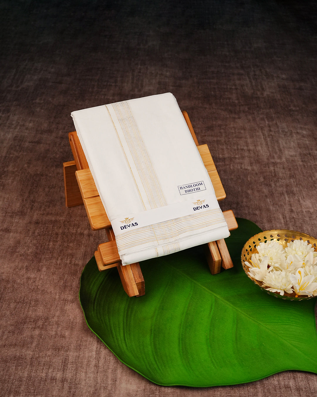 Off White Coloured  Handloom Cotton Double Dhoti Finished with Classic Dotted Silver & Gold Kara