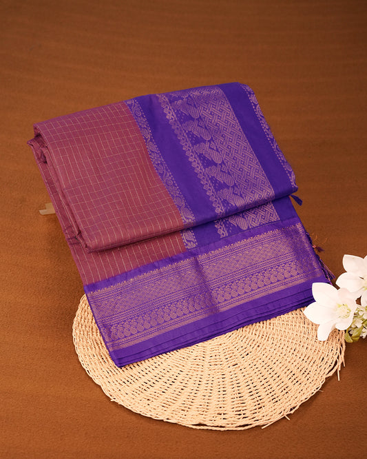 Wine colour kalyani cotton saree featuring gold zari check pattern on body, complemented by Violet colour with Antique zari border, paired with matching blouse piece