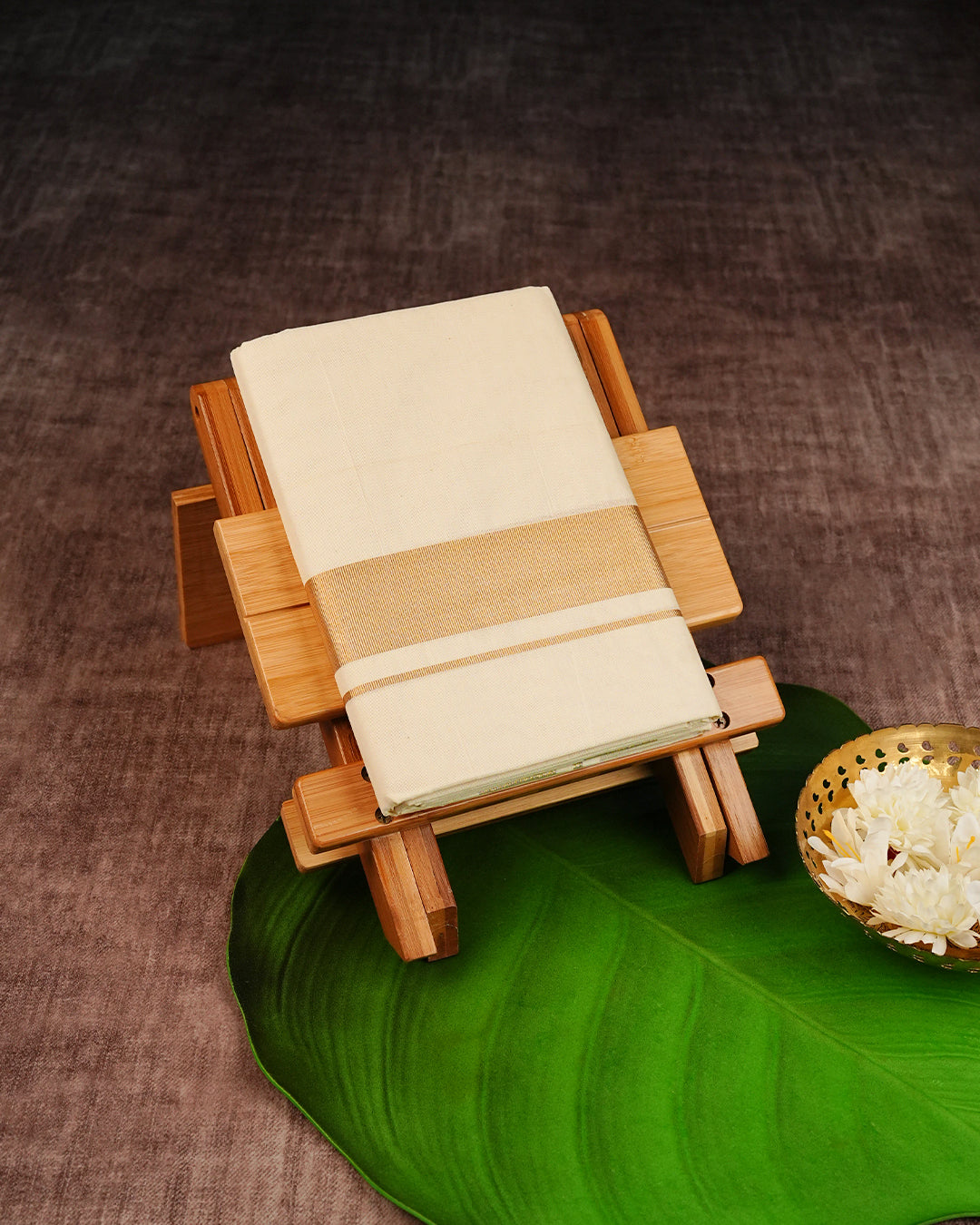Cream Coloured Cotton Double Dhoti Finished with  Elegant Gold Kara