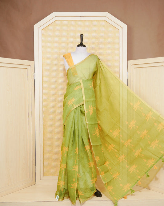 Olive green colour semi linen saree