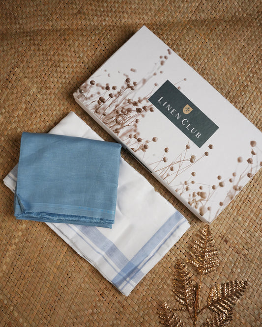 Sage Blue colour linen shirt material with matching Single Dhoti Set.