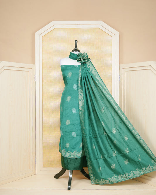 Green colour Banaras salwar material Featuring Gold & silver Zari Floral motifs on body, paired with matching bottom & Elegant Dupatta