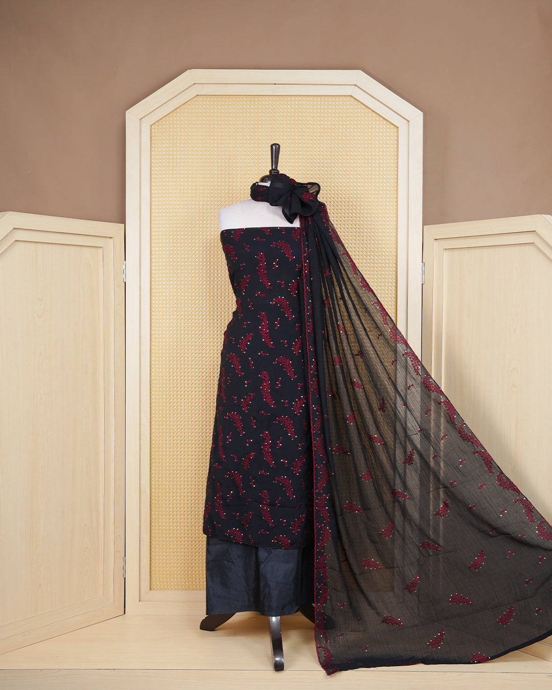 Black Colour Organza Salwar Material Featuring Thread and Mirorr Work on body, Paired With Matching Bottom & Elegant Dupatta