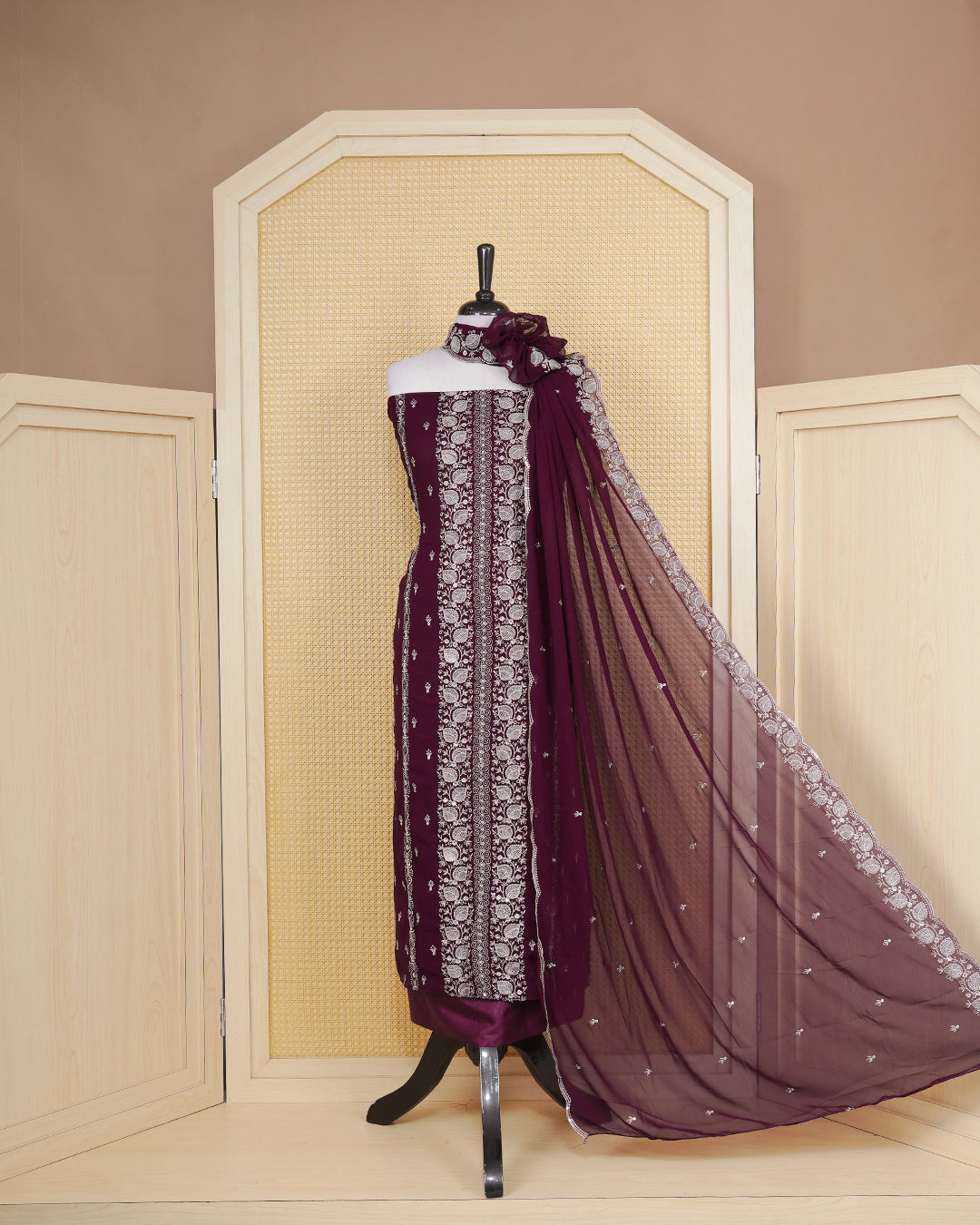 Burgundy colour Georgette Salwar Material Featuring Gold Thread Work on body, paired with matching Bottom & Elegant Dupatta.