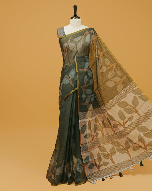 Deep olive colour semi linen saree