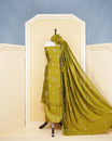 Olive Green Georgette Salwar material Featuring delicate Gold Thread and Beadwork Leaf Embroidery Motifs  paired with a matching bottom & elegant Duptta