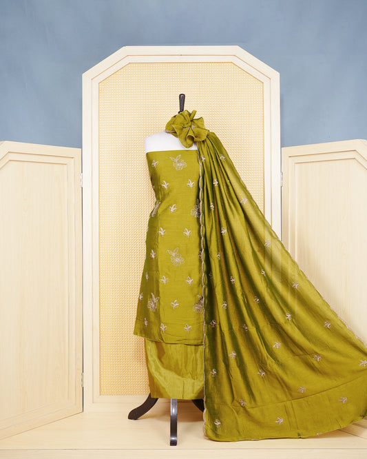 Olive Green Georgette Salwar material Featuring delicate Gold Thread and Beadwork Leaf Embroidery Motifs  paired with a matching bottom & elegant Duptta
