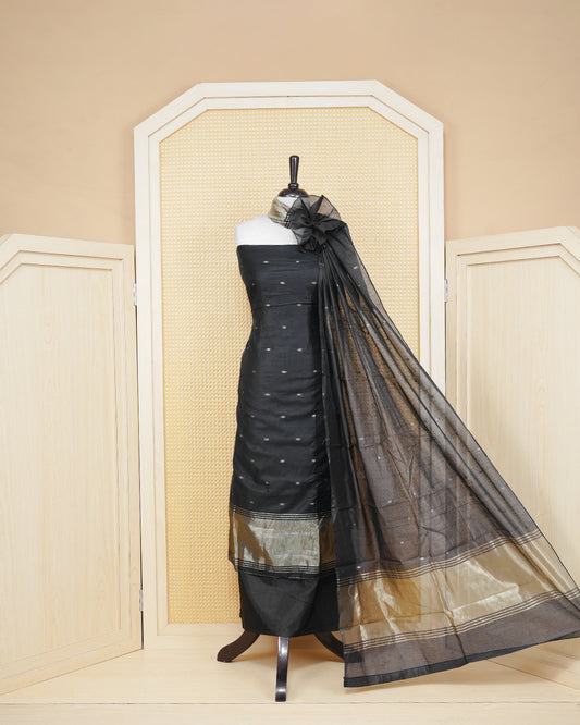 Black Colour Mul Chanderi Salwar Material Featuring Gold Zari Buttas on body, Paired With Matching Mottom & Elegant Dupatta