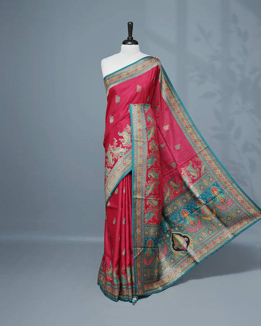 Rani Pink Colour Pashmina Saree featuring Mango motifs on body, complemented by Contrast Teal colour with Floral pattern & gold zari on border and Pallu, comes with matching blouse piece.