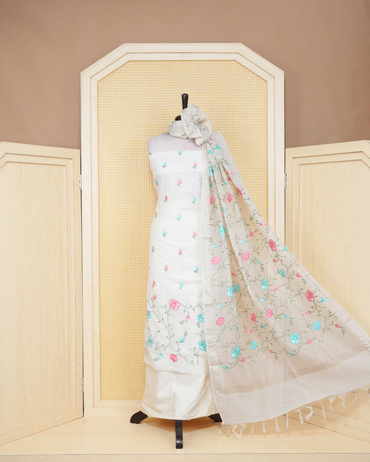 Cream Colour Tissue Salwar Material Featuring Beautiful Floral Embroidery Design with Elegant Border, Paired with Matching Bottom and Beautiful Dupatta.