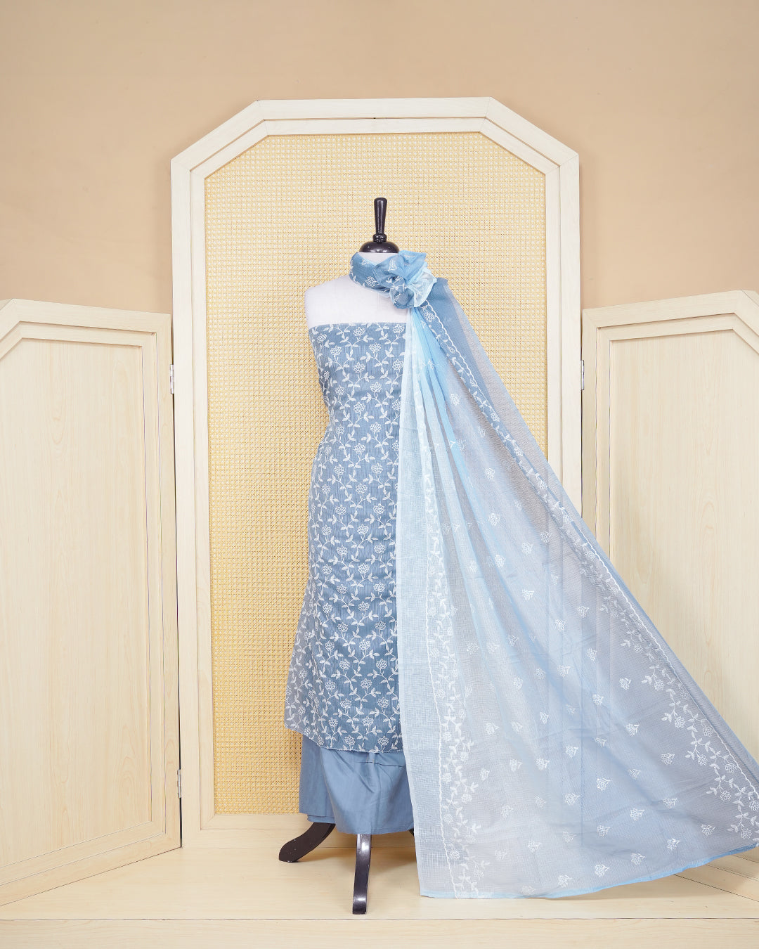 Dusty Denim Colour Net Kota Salwar Material Featuring Printed Designs with Floral Thread Work, Paired with a Matching Bottom and an Elegant Dupatta.