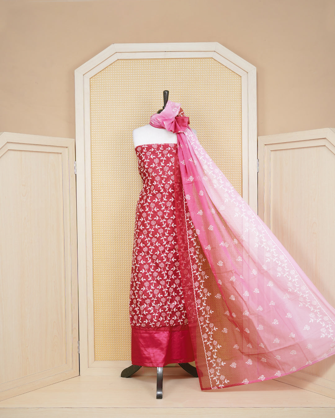 Dark rouge Colour Net Kota Material Featuring Floral Thread Pattern on Body, Paired with Matching Bottom & Elegant Dupatta
