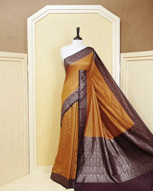 Mustard yellow Colour Semi georgette Saree having zari dotted check pattern on body, contrast dark coffee browncolour floral kodi designed Border, Rich Pallu comes with Matching Blouse piece.
